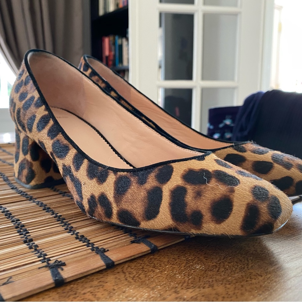 J Crew Block Heel Square Toe Pumps in Leopard Calf Hair Size 8.